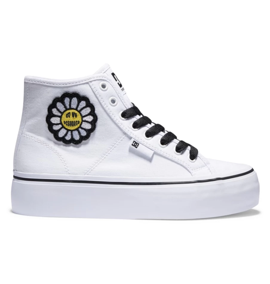 DC Shoes Women's White/Black/Flower Hi-Top Platform Sneakers - Manual High-Top Skate Shoes