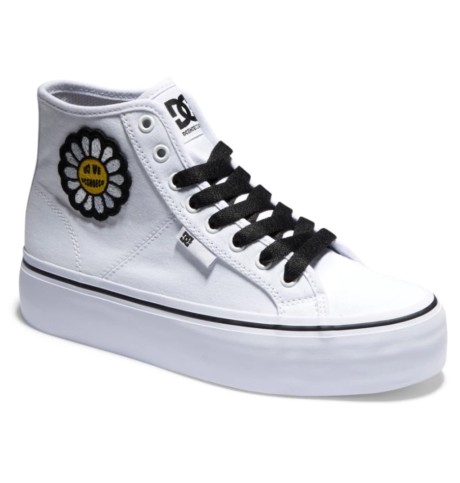 DC Shoes Women's White/Black/Flower Hi-Top Platform Sneakers - Manual High-Top Skate Shoes