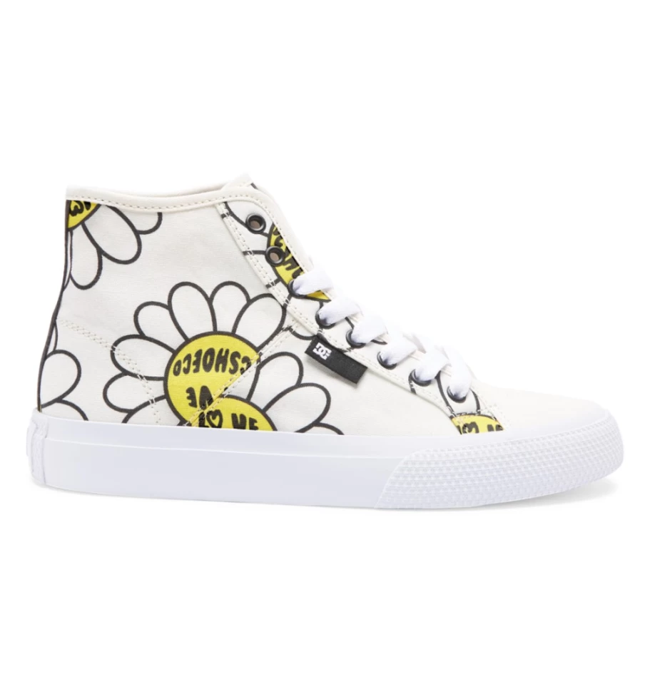 DC Shoes Women's Hi-Top Canvas Sneakers in White/Black/Flower - Manual Skate Shoes