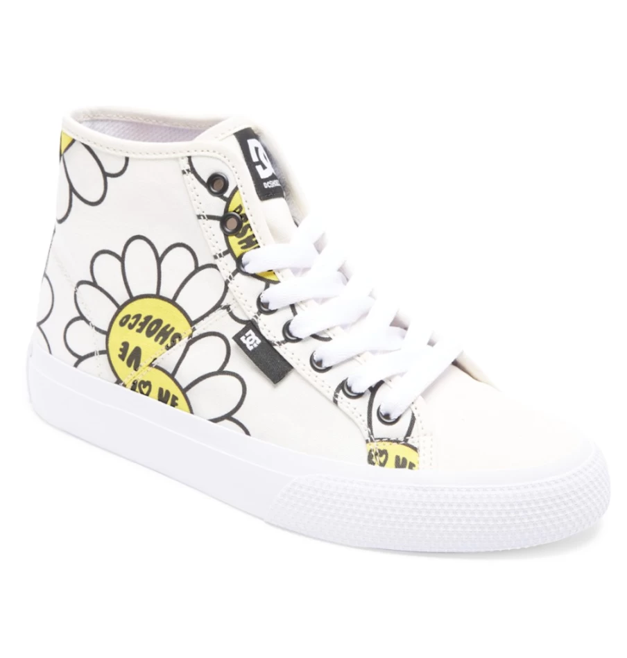 DC Shoes Women's Hi-Top Canvas Sneakers in White/Black/Flower - Manual Skate Shoes