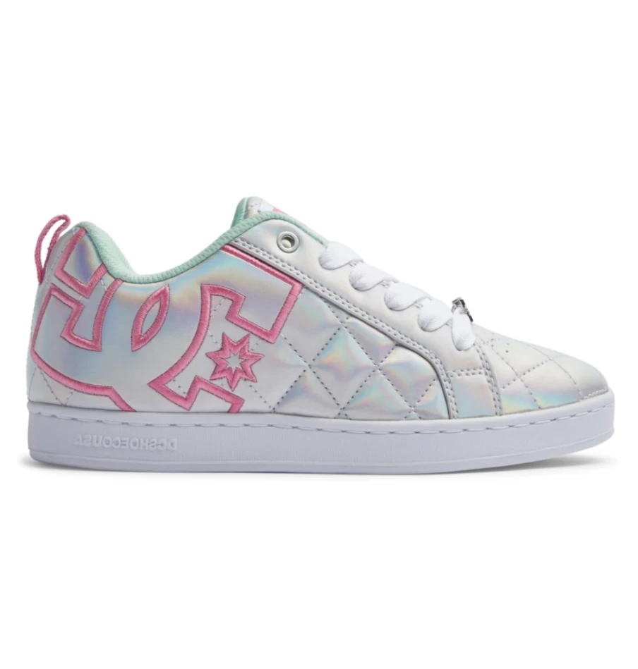 DC Shoes Women's Graffik SE Court Sneakers in White, Metallic Silver & Pink