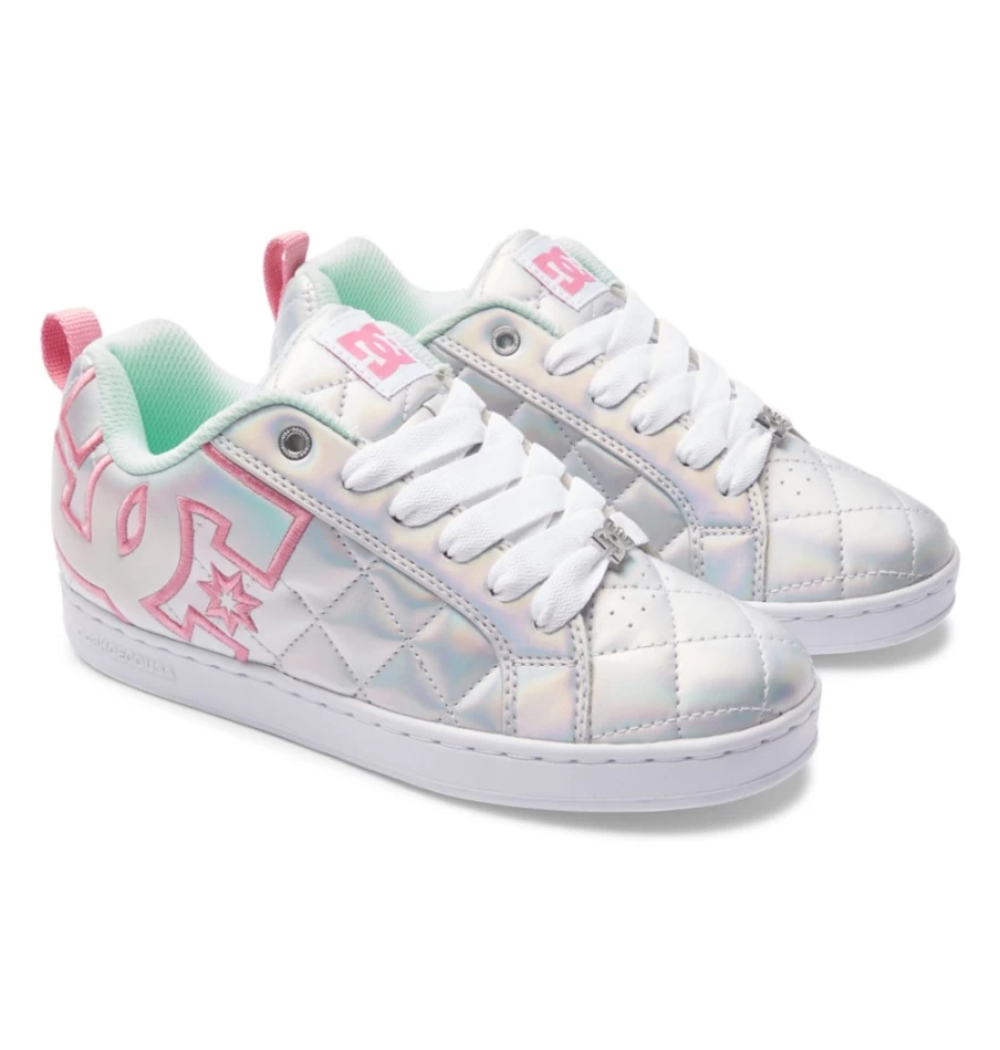 DC Shoes Women's Graffik SE Court Sneakers in White, Metallic Silver & Pink