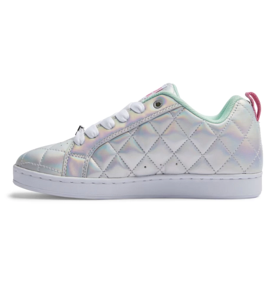 DC Shoes Women's Graffik SE Court Sneakers in White, Metallic Silver & Pink