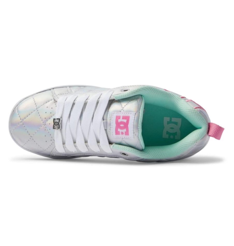 DC Shoes Women's Graffik SE Court Sneakers in White, Metallic Silver & Pink