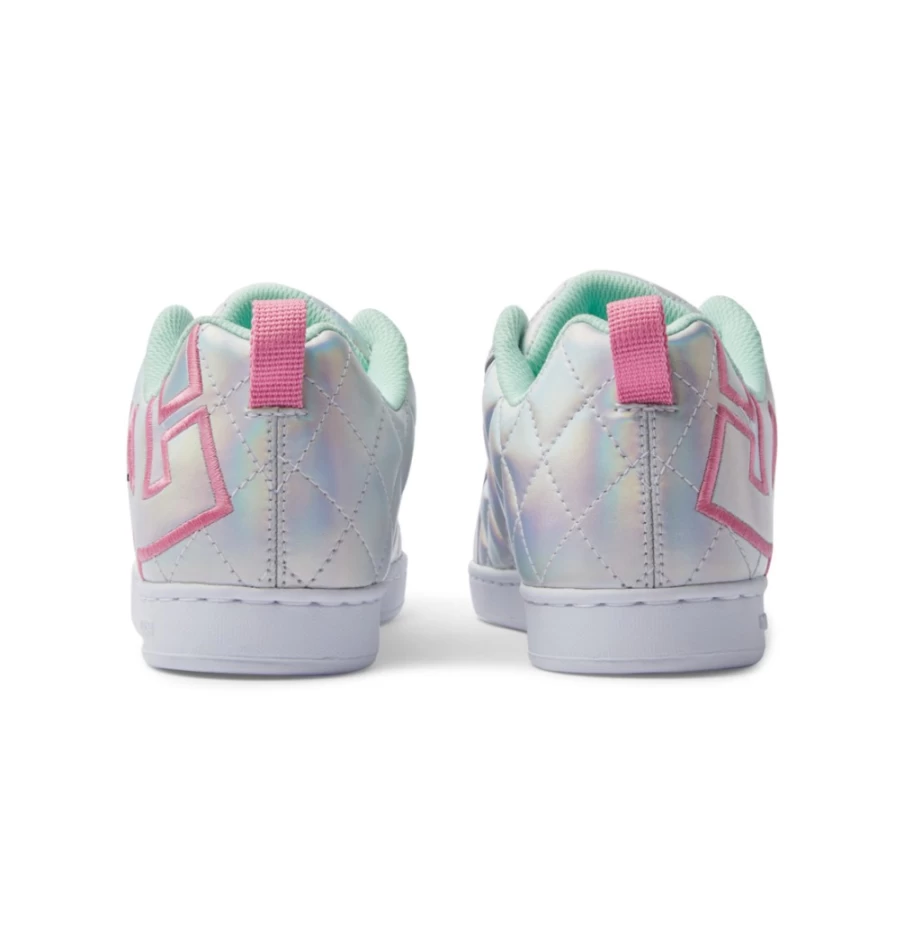 DC Shoes Women's Graffik SE Court Sneakers in White, Metallic Silver & Pink