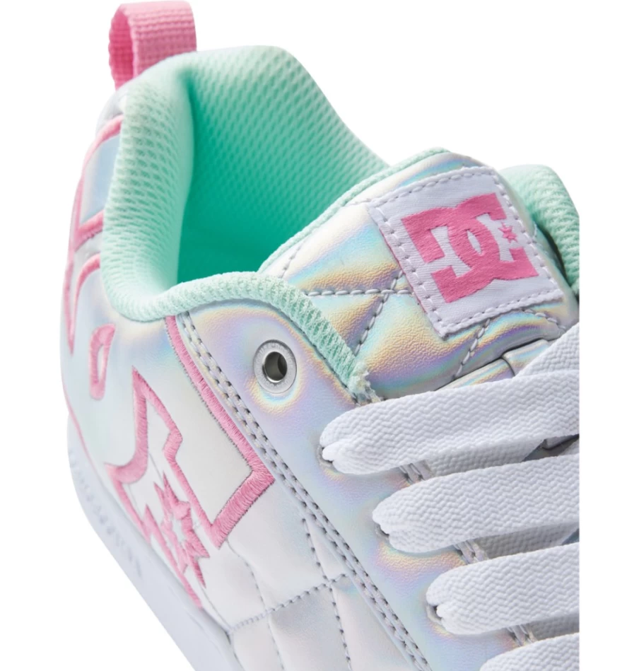 DC Shoes Women's Graffik SE Court Sneakers in White, Metallic Silver & Pink