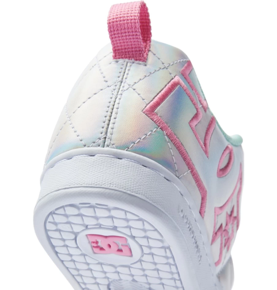 DC Shoes Women's Graffik SE Court Sneakers in White, Metallic Silver & Pink
