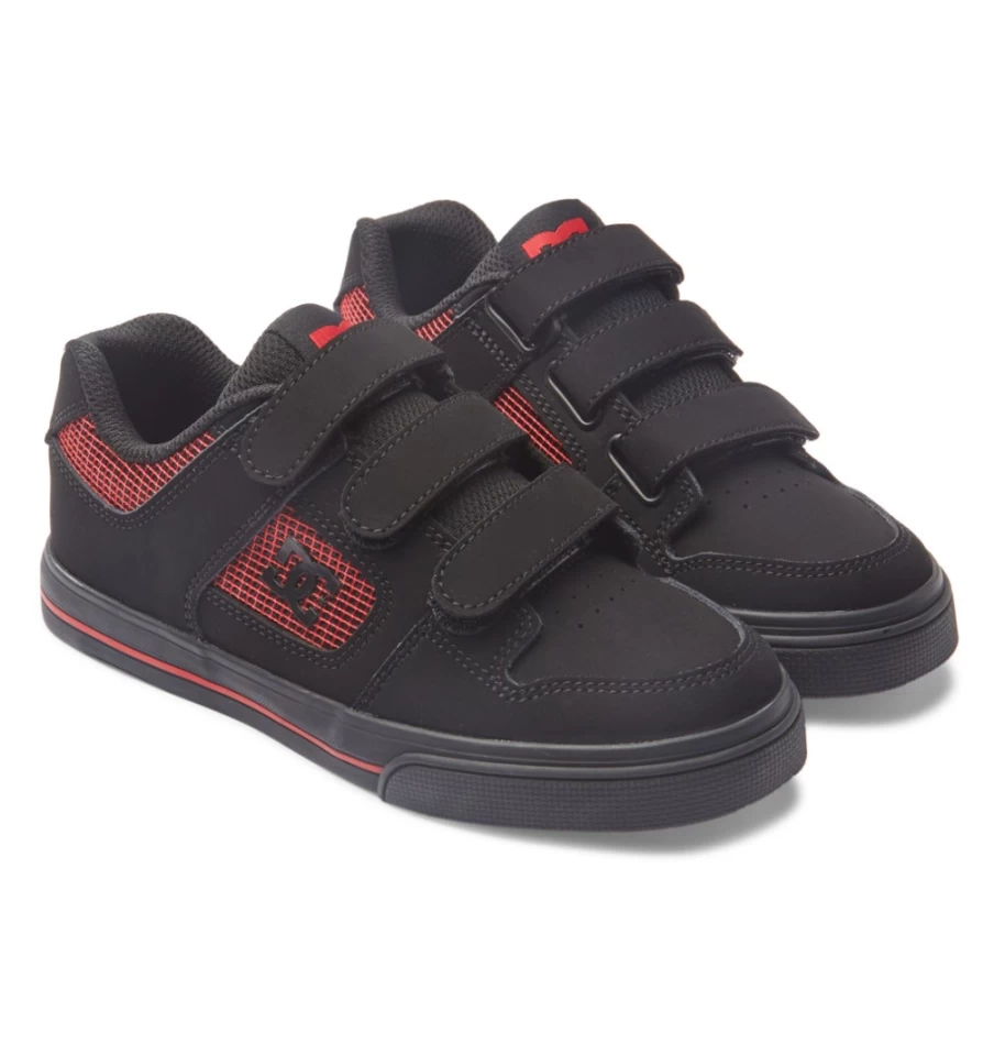 DC Shoes Kids' Pure Velcro Sneakers - Black/Black/Red Athletic Shoes for Boys & Girls