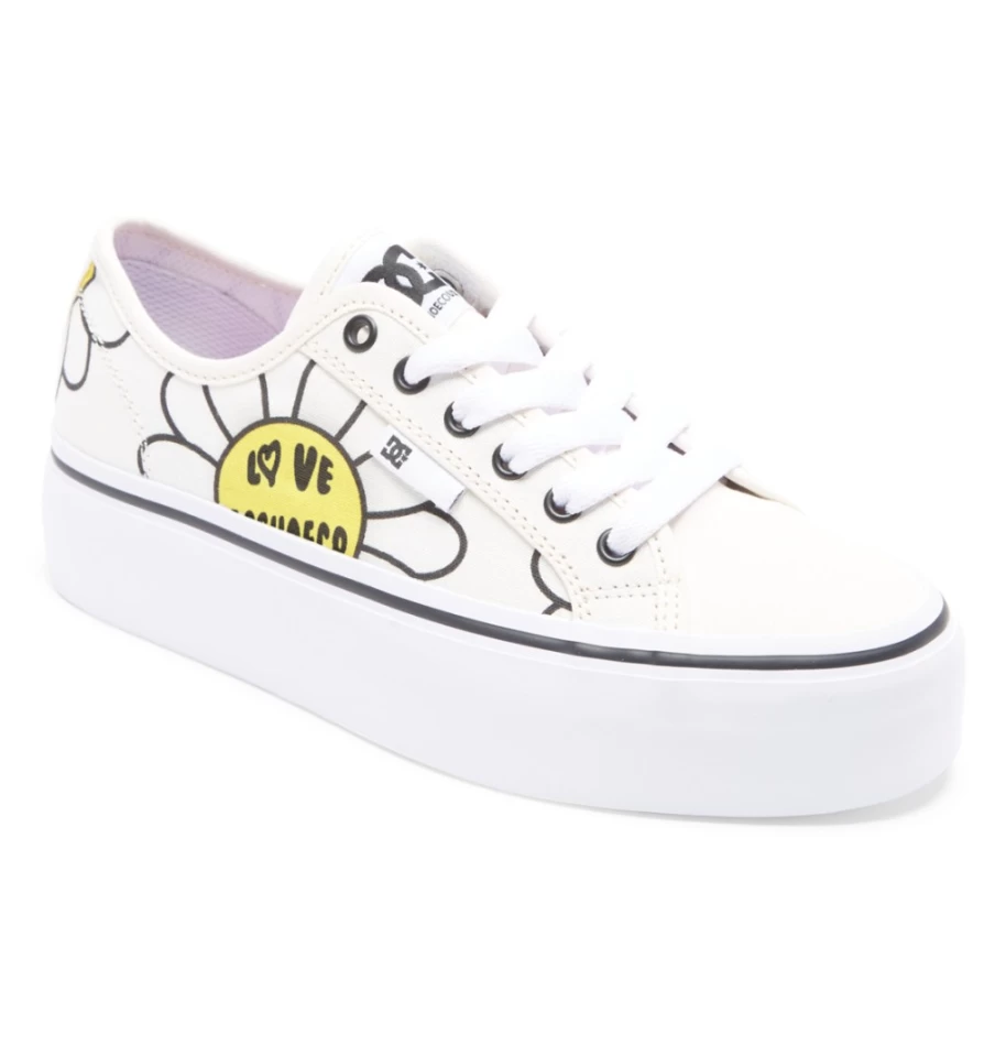 DC Shoes Women's White/Black/Flower Platform Sneakers - Manual Casual Fashion Footwear