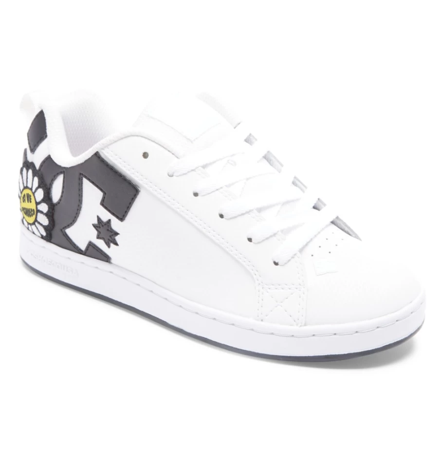 DC Shoes Women's Graffik Court Sneakers in White, Black & Yellow - Stylish Tennis Shoes for Women